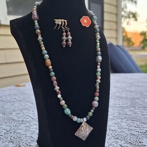 Indian Agate Gemstone Necklace & Earring Set – Handmade Boho Artisan Jewelry